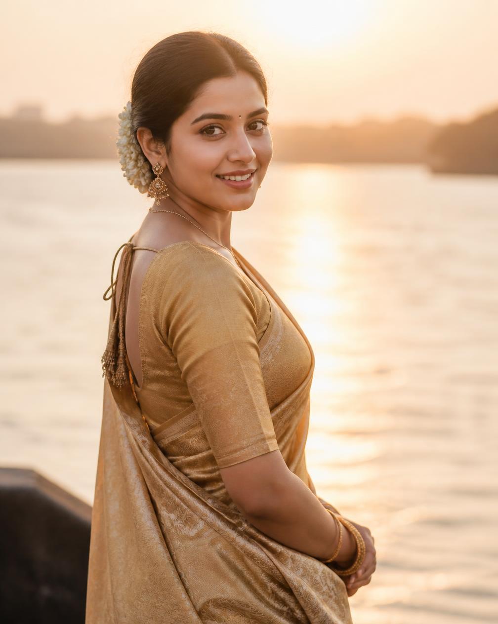 Editorial portrait in golden saree