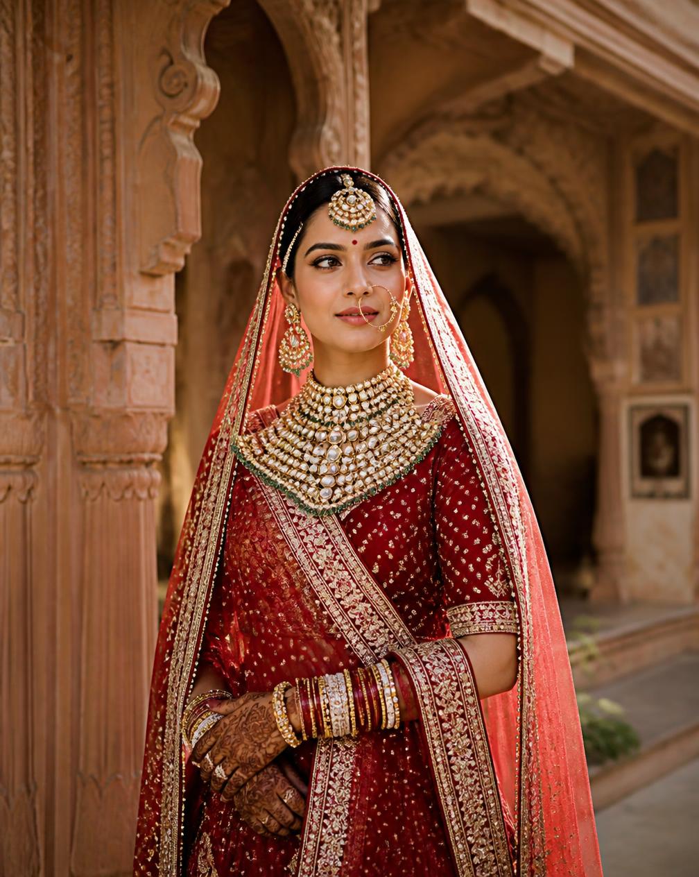 Rajasthani bride in red bandhani lehenga at a Jaipur haveli
