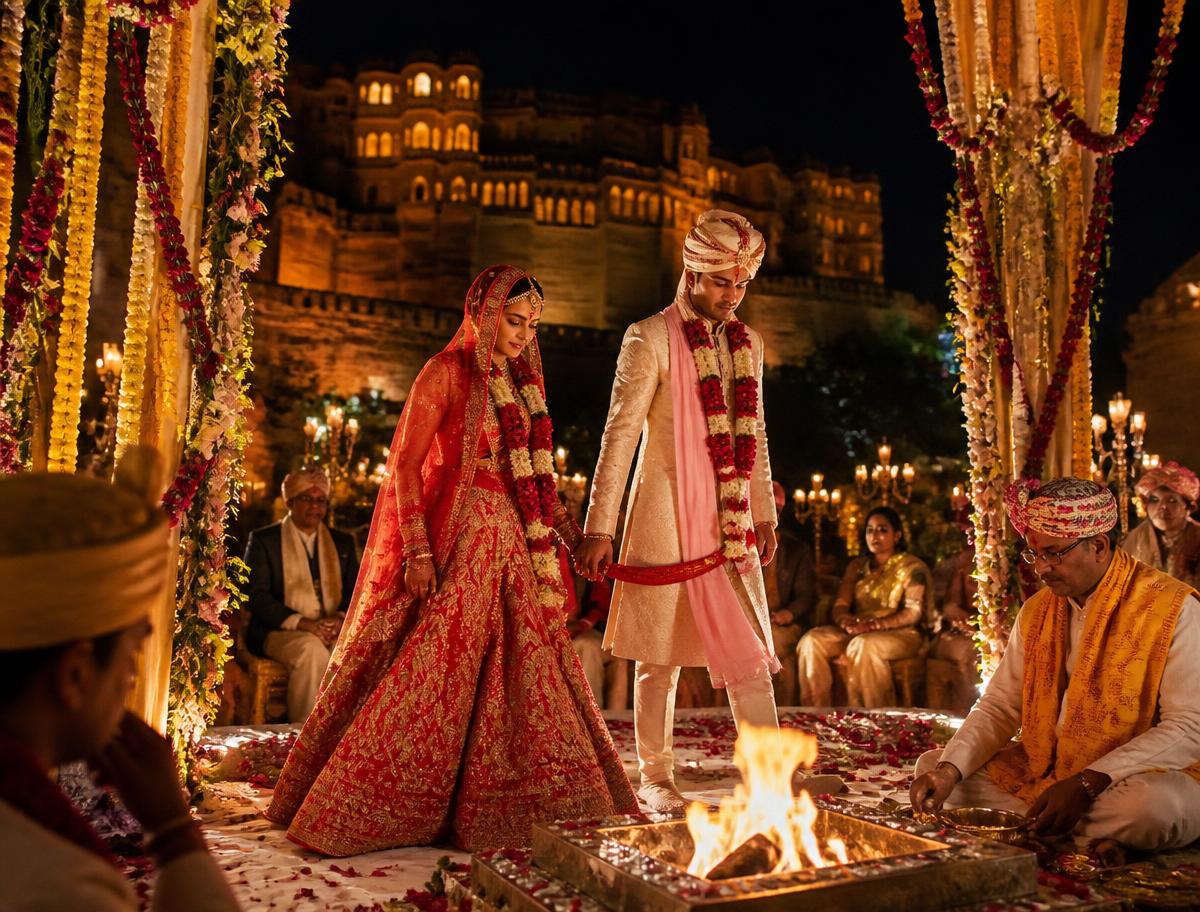 Rajasthani wedding pheras at a lit fort mandap